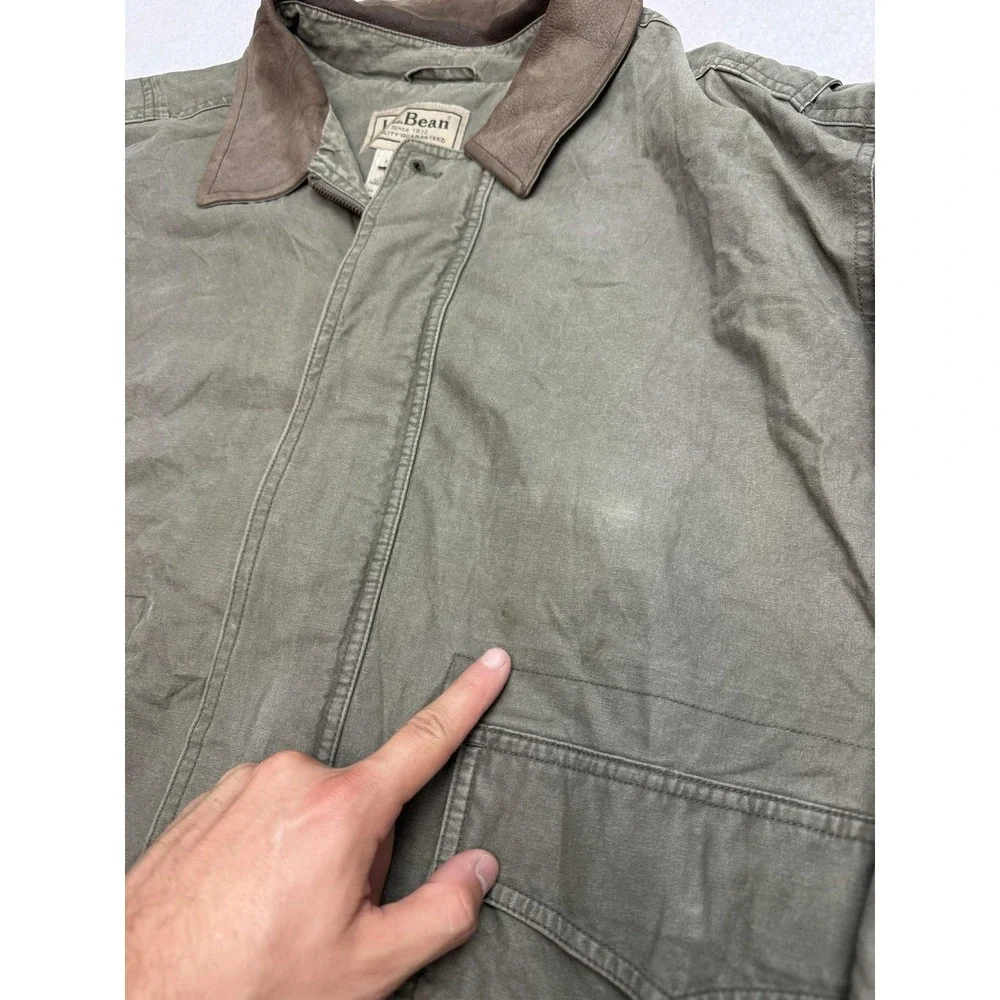 L.L.Bean Jacket Mens 2XL Green Canvas Leather Collar Bomber Workwear Lined